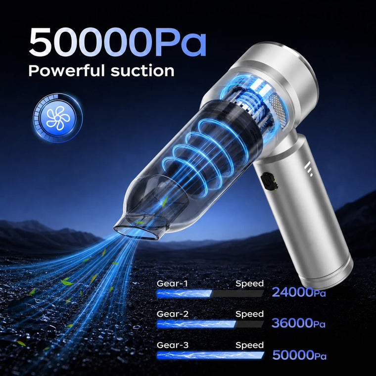Silver VNOST cordless car vacuum showing 50,000 Pa suction and three adjustable suction modes from 24,000 to 50,000 Pa
