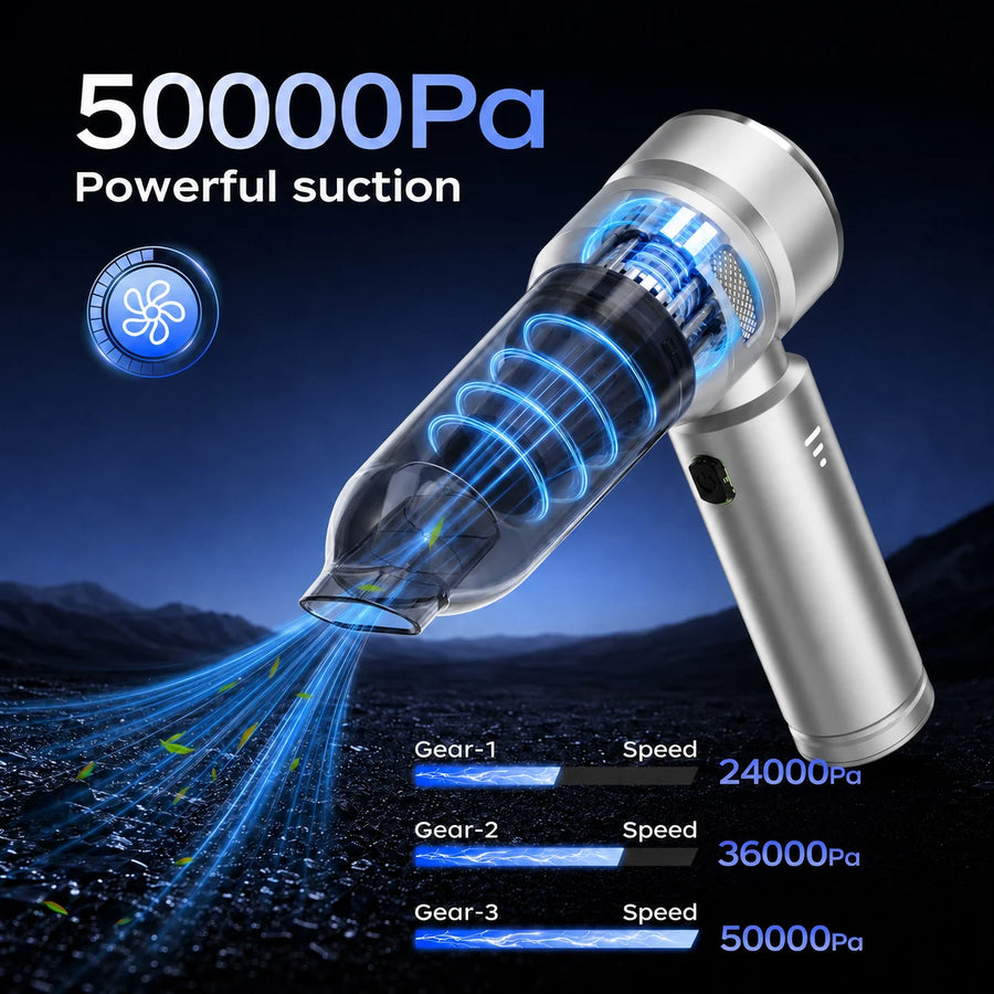 Silver VNOST cordless car vacuum showing 50,000 Pa suction and three adjustable suction modes from 24,000 to 50,000 Pa