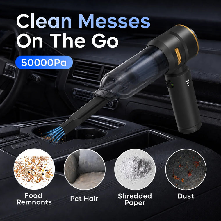 Black VNOST cordless car vacuum cleaning food crumbs, pet hair, paper scraps, and dust from a car center console