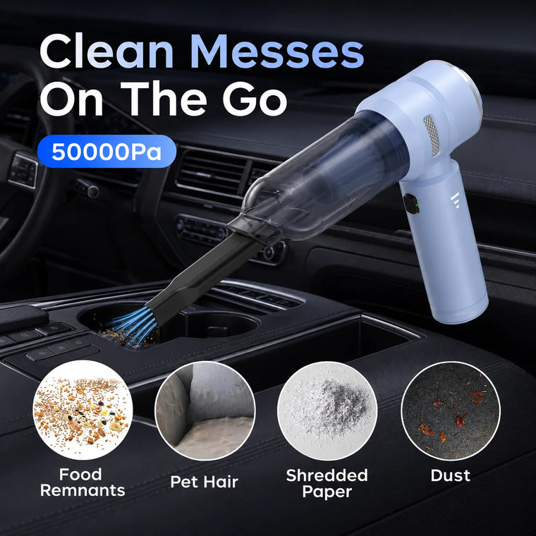 Blue VNOST cordless car vacuum cleaning crumbs, pet hair, paper scraps, and dust from a car center console