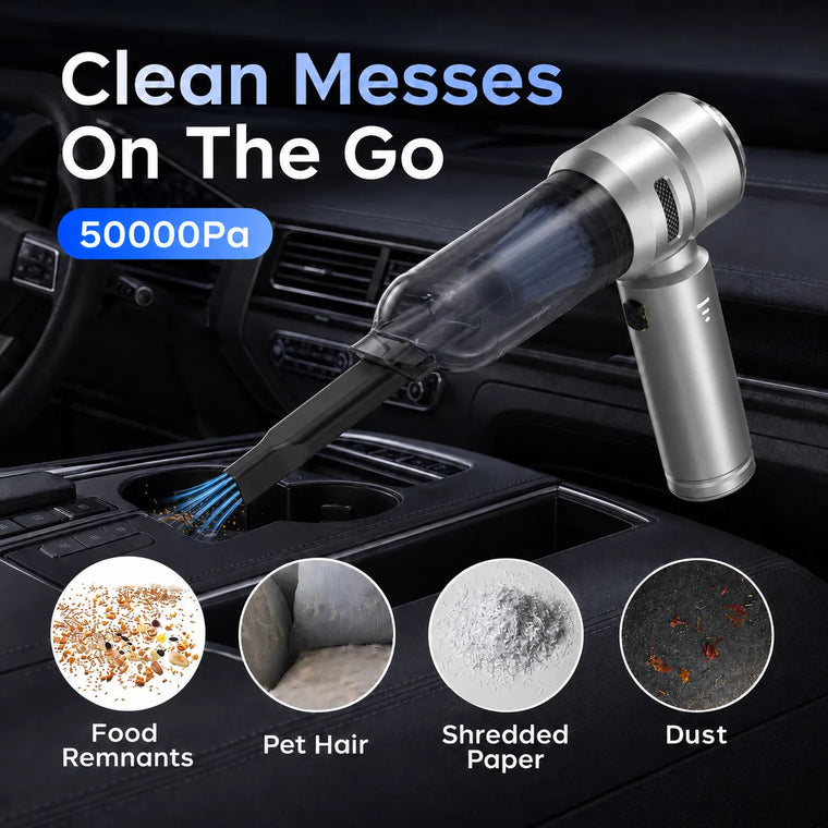 Silver VNOST cordless car vacuum cleaning food crumbs, pet hair, paper scraps, and dust from a car center console