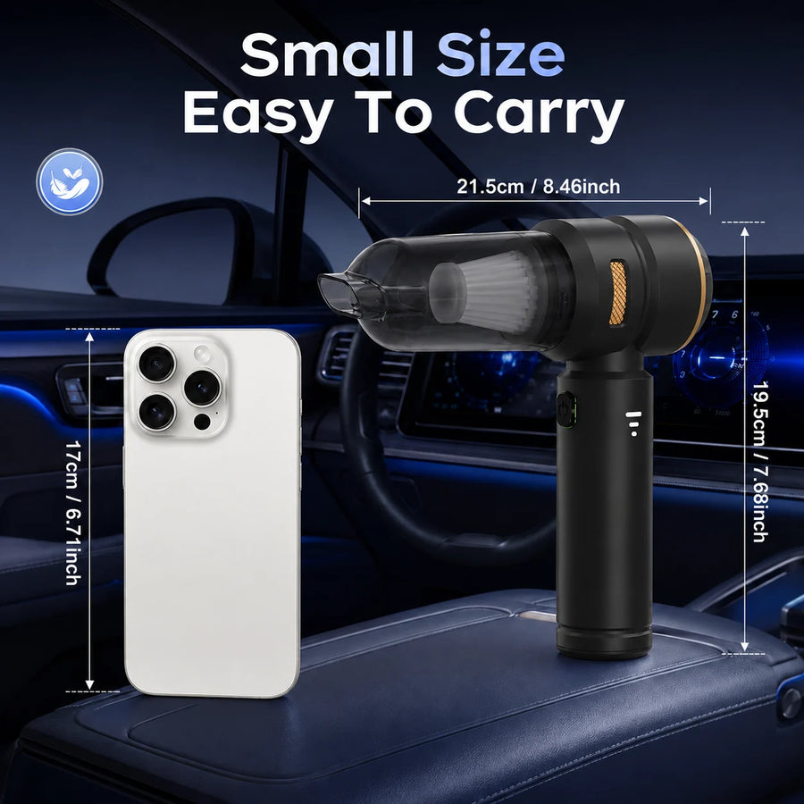 Black VNOST cordless car vacuum shown beside a smartphone with compact dimensions for easy carrying