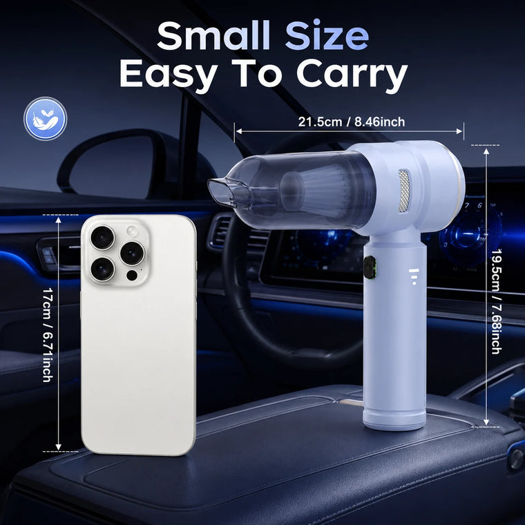 Blue VNOST cordless car vacuum shown beside a smartphone with compact 21.5 cm by 19.5 cm dimensions for easy portability
