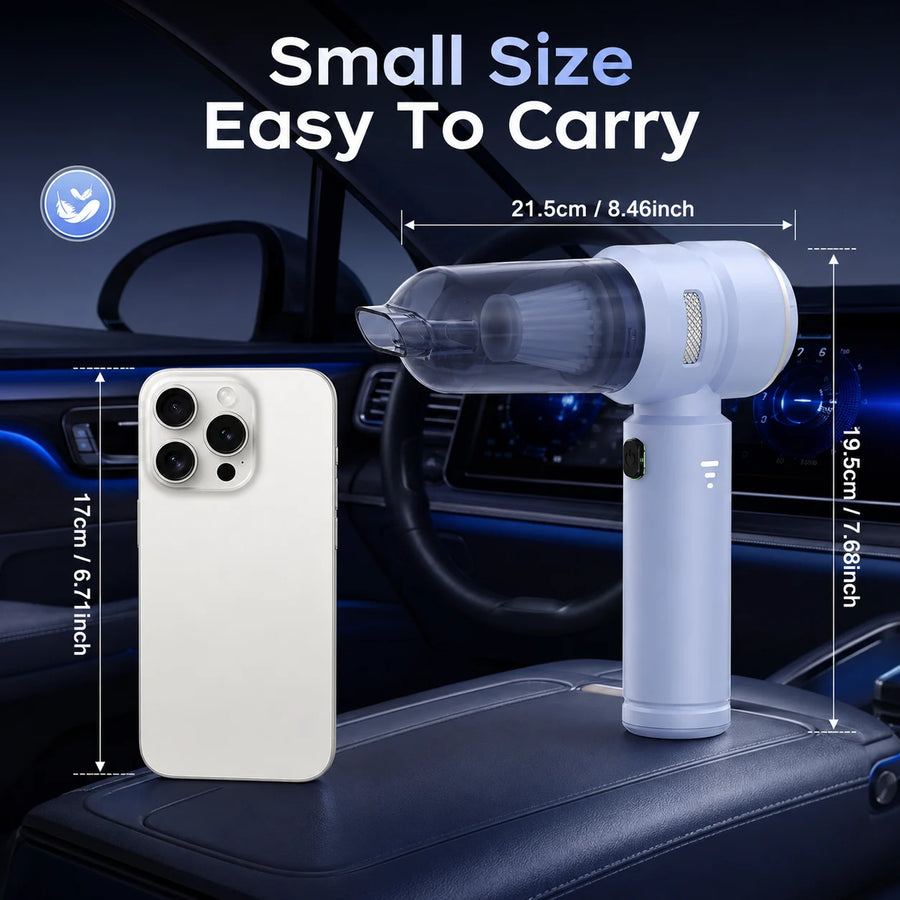 Blue VNOST cordless car vacuum shown beside a smartphone with compact 21.5 cm by 19.5 cm dimensions for easy portability