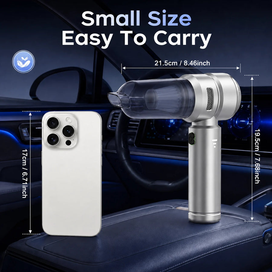 Silver VNOST cordless car vacuum shown beside a smartphone with compact dimensions for easy carrying
