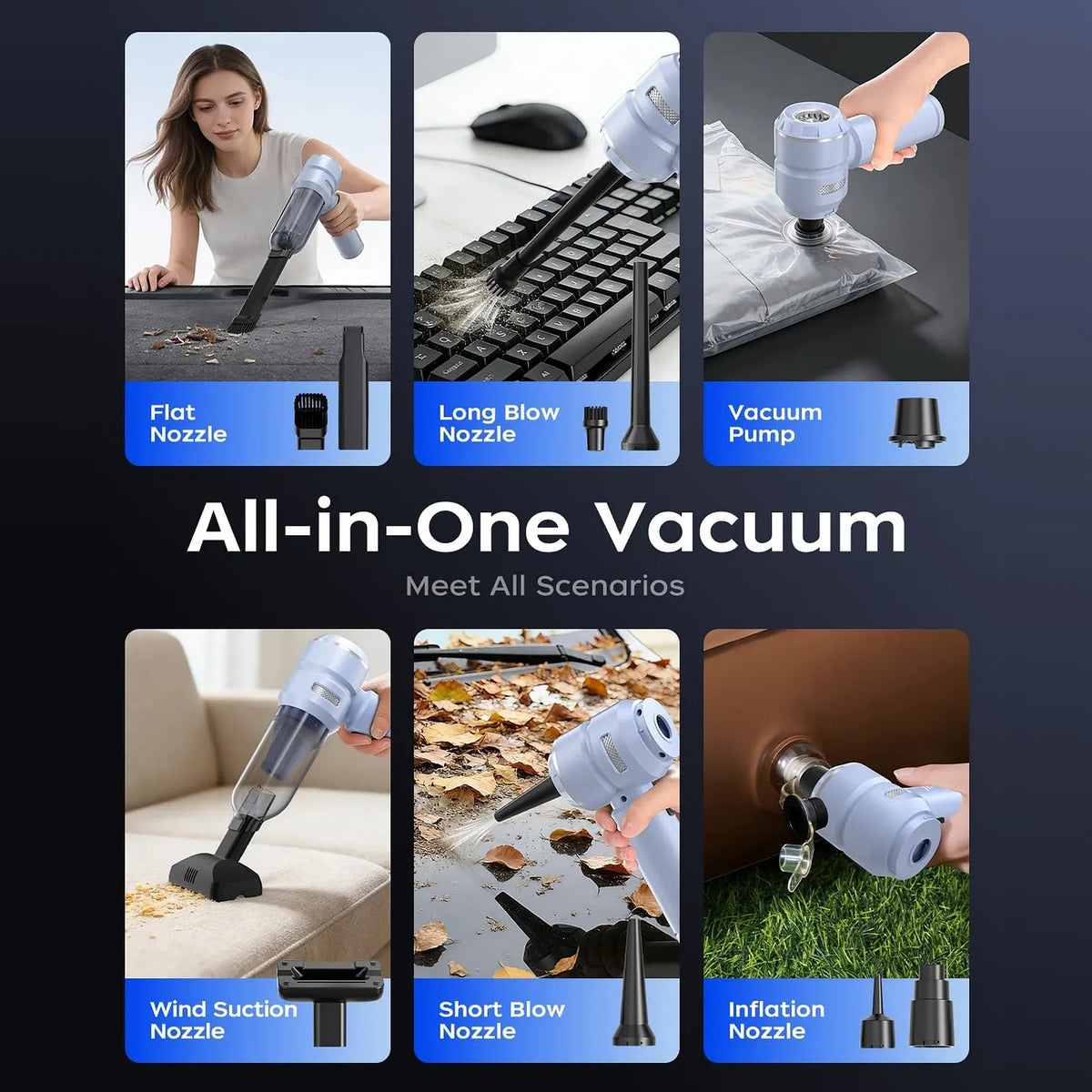 Blue VNOST cordless car vacuum showing vacuuming, dust blowing, inflation, and air extraction functions with multiple nozzle attachments