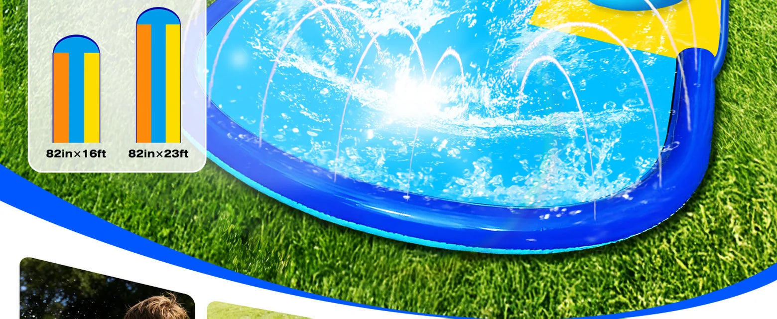 Backyard slip and slide size comparison graphic showing the wide sliding surface and surround sprinkler system