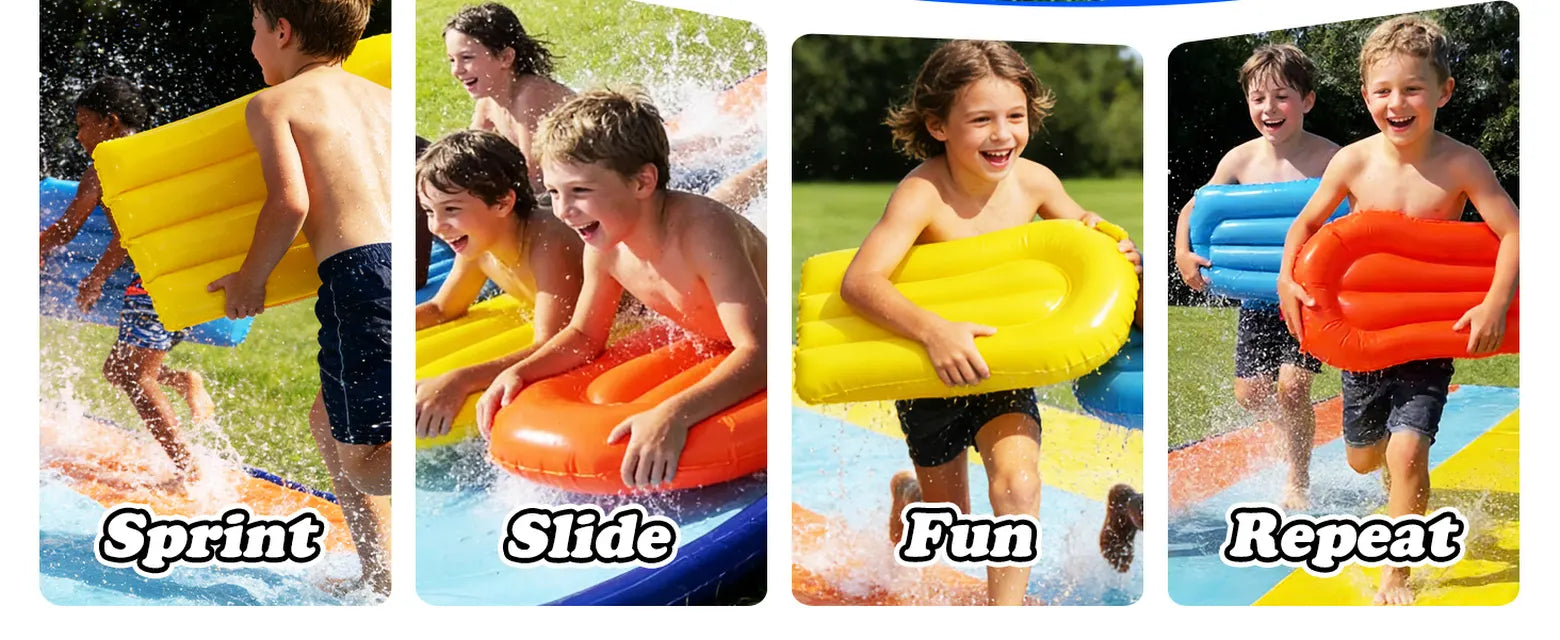 Children carrying colorful bodyboards and taking turns on a backyard slip and slide during outdoor summer play
