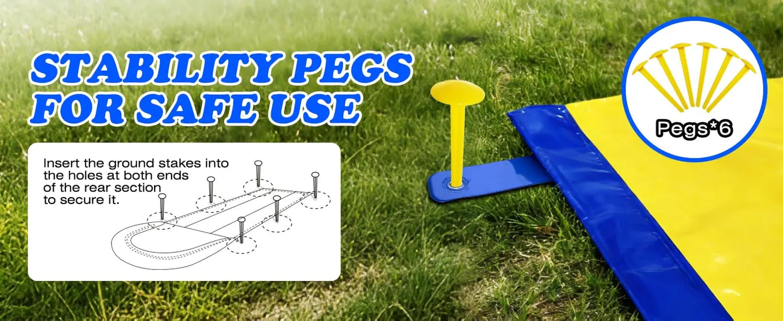 Six ground pegs securing the backyard slip and slide to a grass surface with placement instructions