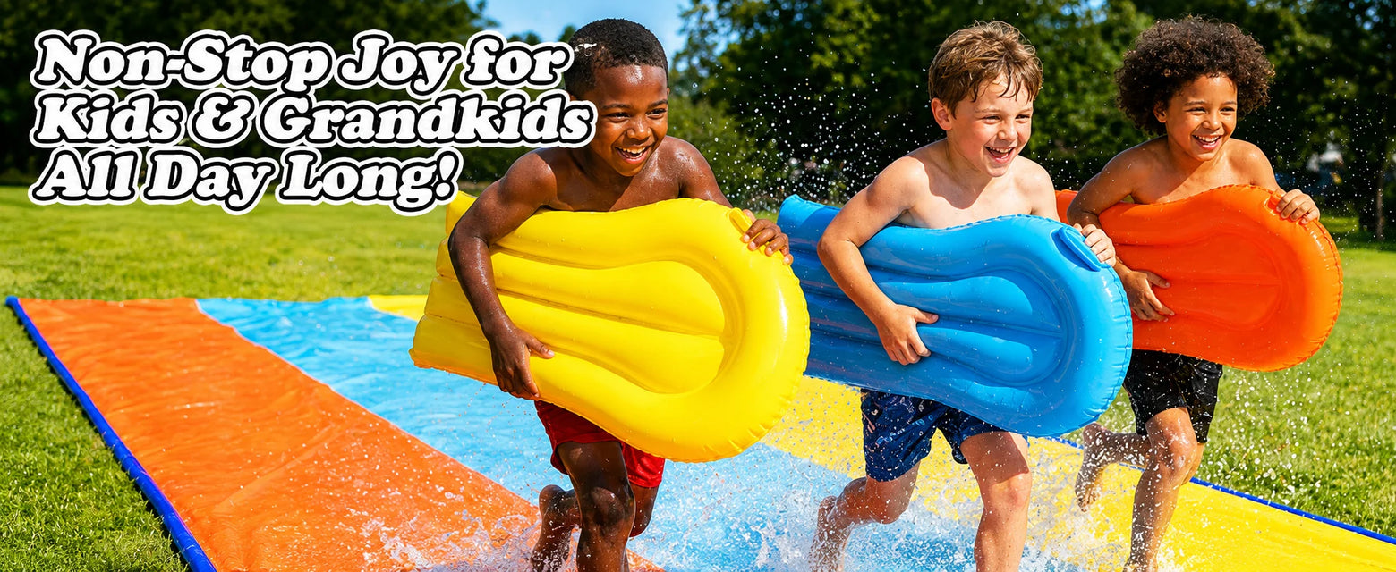 Three children carrying yellow, blue, and orange bodyboards beside a colorful backyard slip and slide on grass