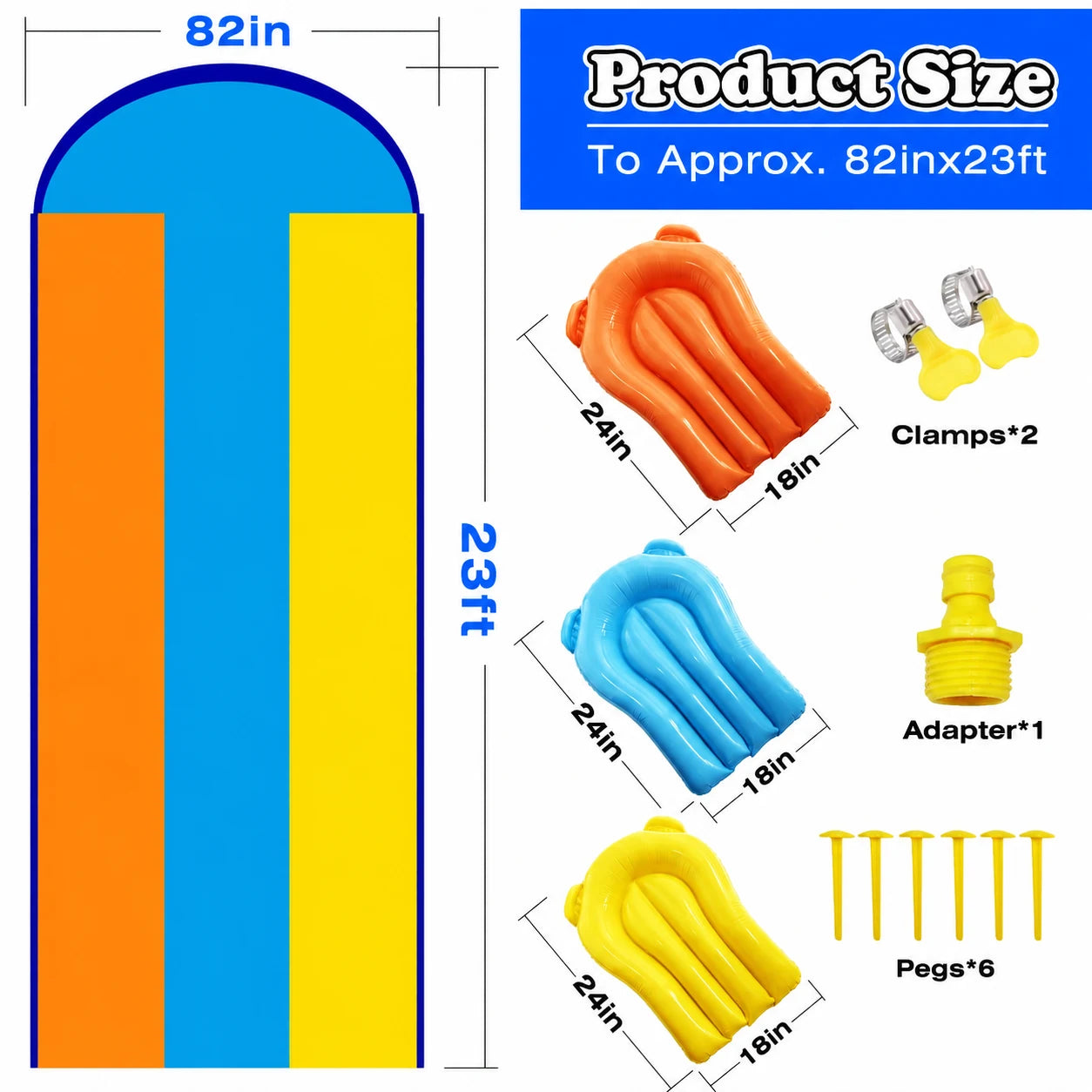 Backyard slip and slide size guide showing a 23 ft by 82 in three-lane slide, three 24 by 18 in bodyboards, two clamps, one hose adapter, and six ground pegs