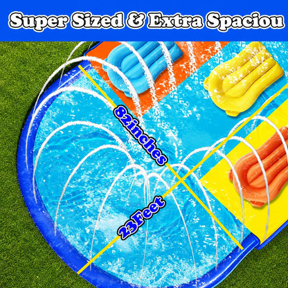 Top view of a wide three-lane backyard slip and slide with surround sprinklers and three colorful bodyboards