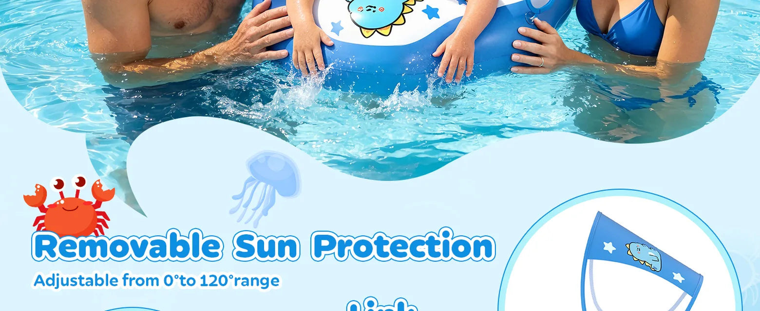 DOPTOY baby pool float with an adjustable removable sun canopy shown during supervised pool use