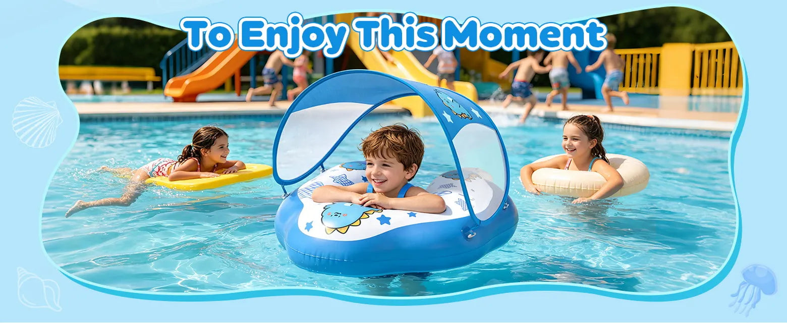 Blue DOPTOY baby pool float with a removable sun canopy usBlue DOPTOY baby pool float with a removable sun canopy used by a child in an outdoor swimming pooled by a child in an outdoor swimming pool