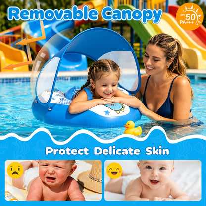 Child seated in a blue DOPTOY baby pool float with a removable sun canopy while supervised by an adult in a swimming pool