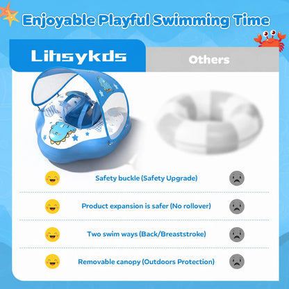 Blue baby pool float with a removable canopy and safety buckle shown in a product comparison graphic