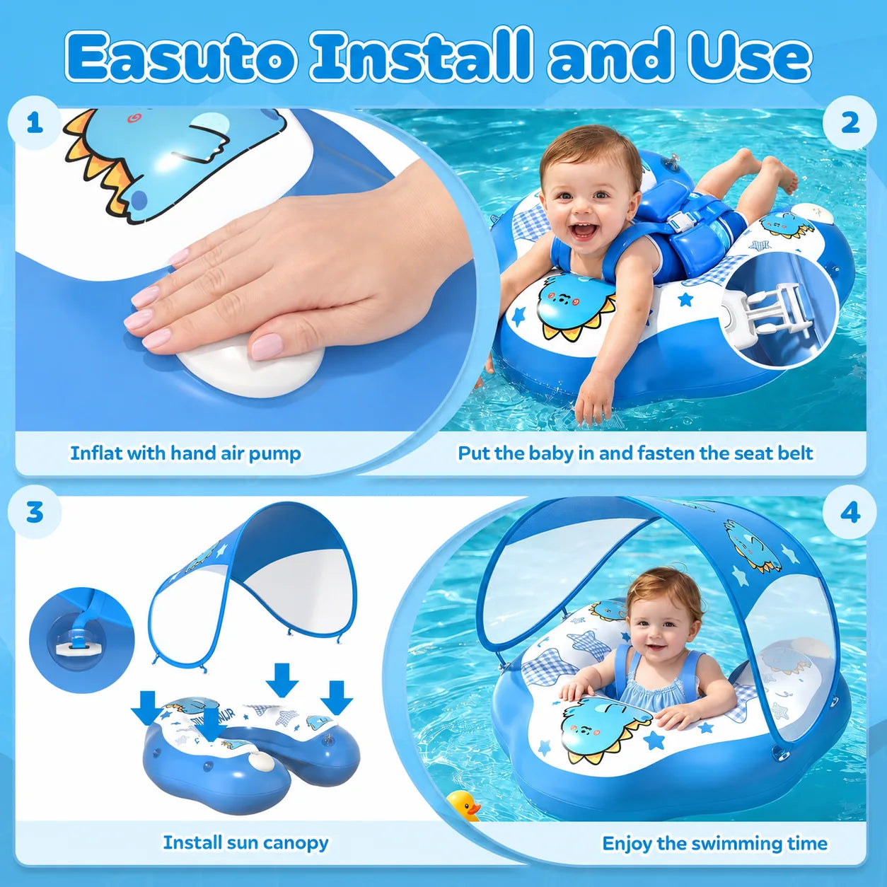 DOPTOY baby pool float installation guide showing inflation, harness fastening, removable canopy setup, and supervised pool use