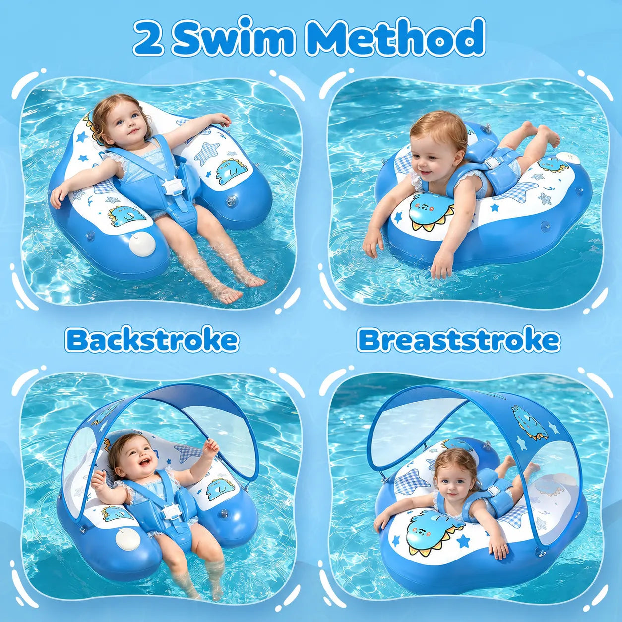 DOPTOY baby pool float shown in multiple supervised swimming positions with the five-point harness and removable canopy