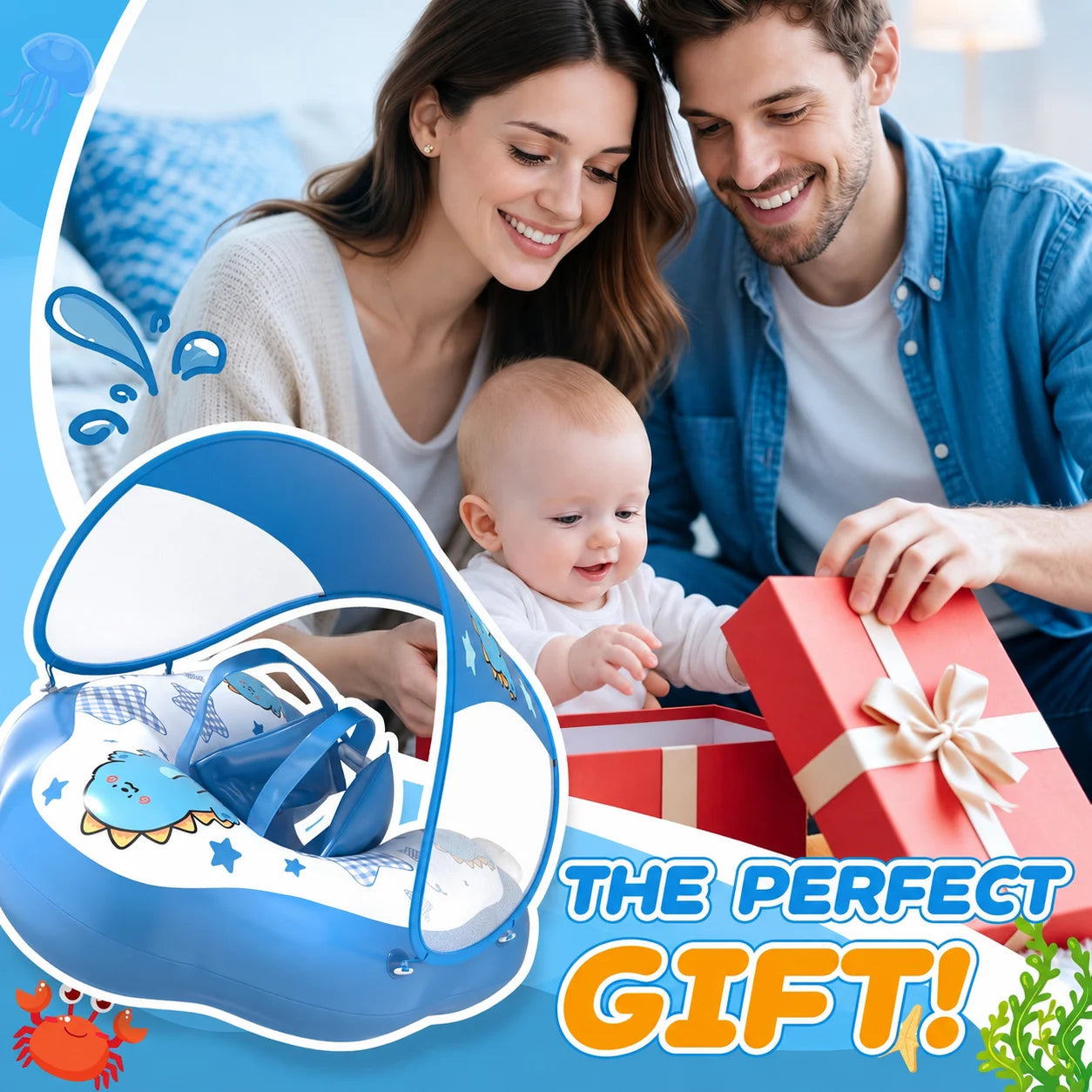 DOPTOY baby pool float with removable canopy shown beside a family opening a gift box