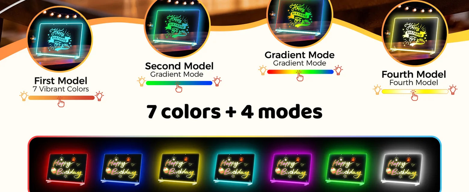 EHINI LED drawing board displaying seven RGB colors and four lighting modes with a birthday message design