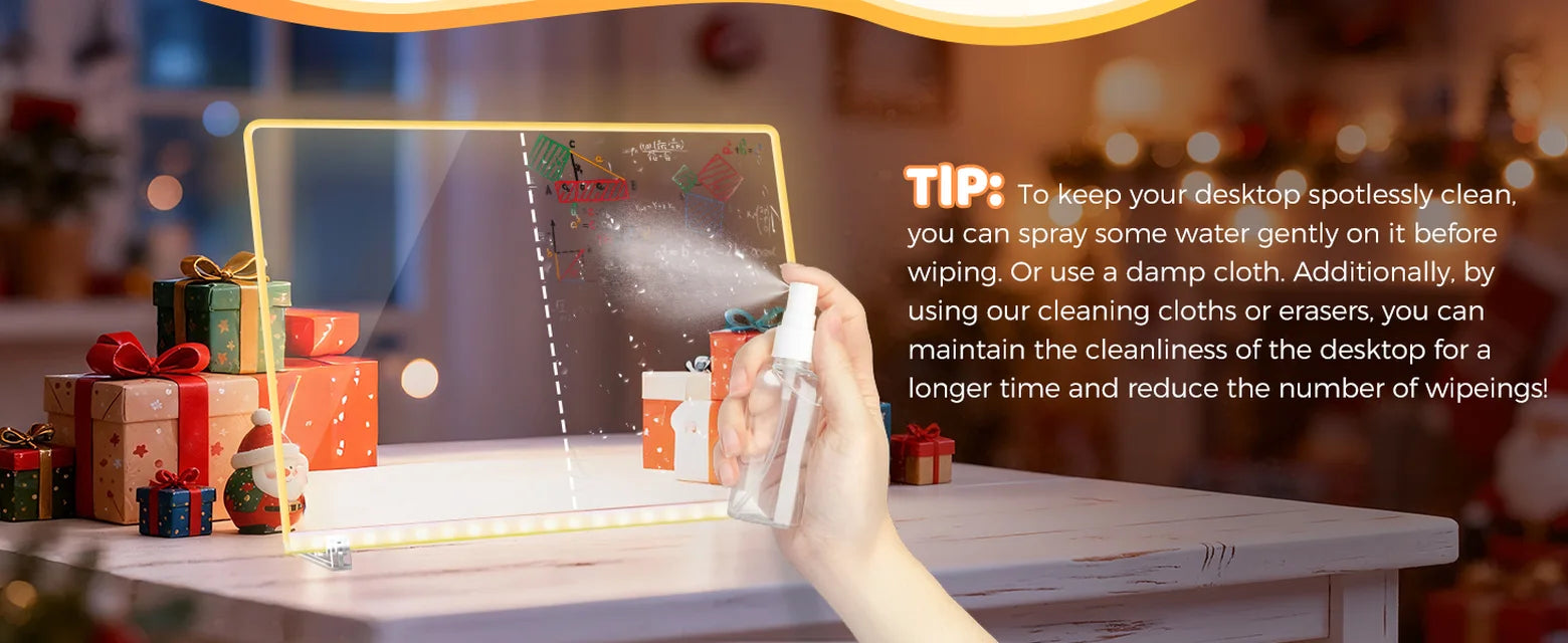 EHINI LED drawing board being lightly misted with water for surface cleaning beside holiday gifts