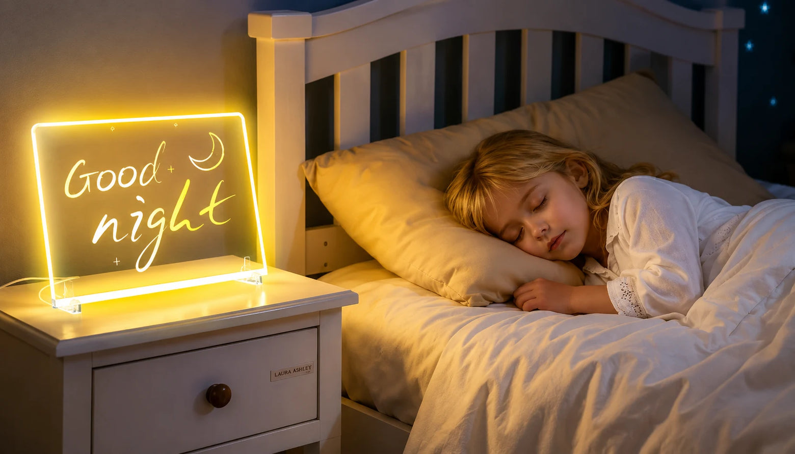 White EHINI LED drawing board displaying a Good Night message on a bedside table beside a sleeping child