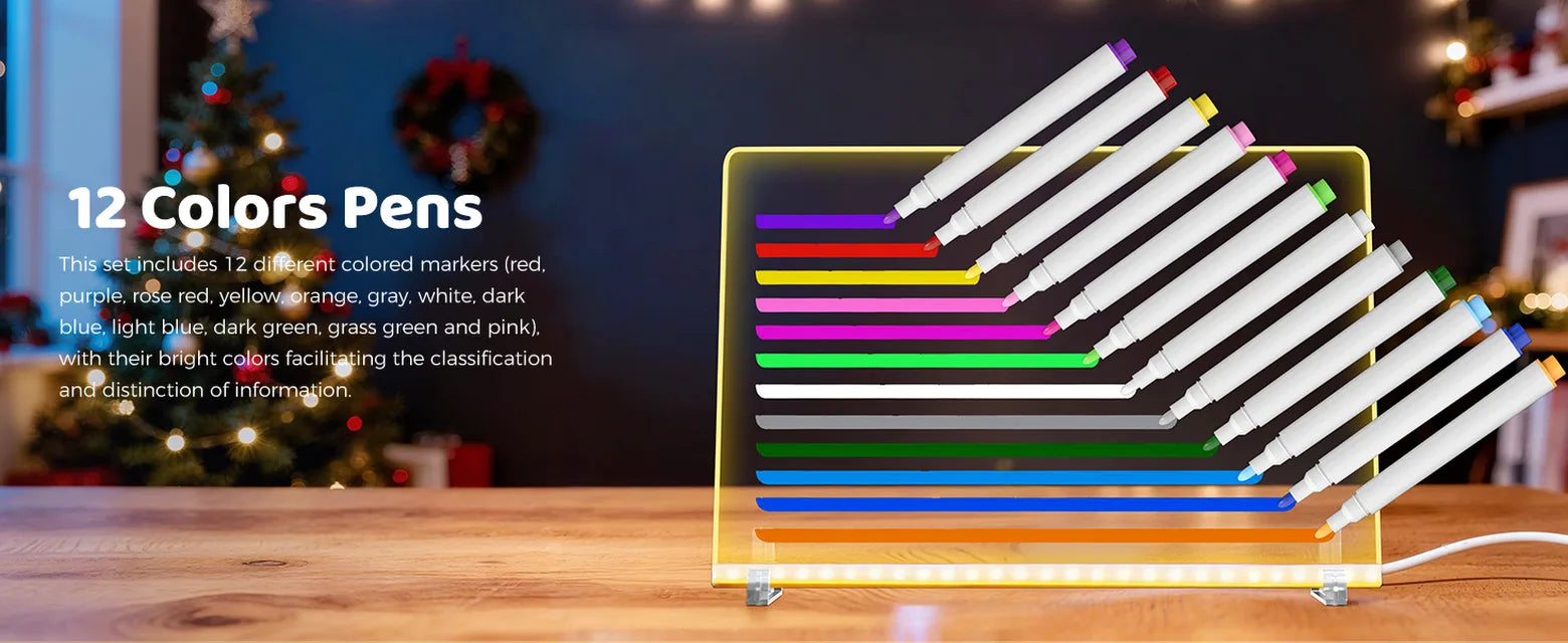 White EHINI LED drawing board displaying 12 fluorescent marker colors with the included markers in a festive tabletop setting