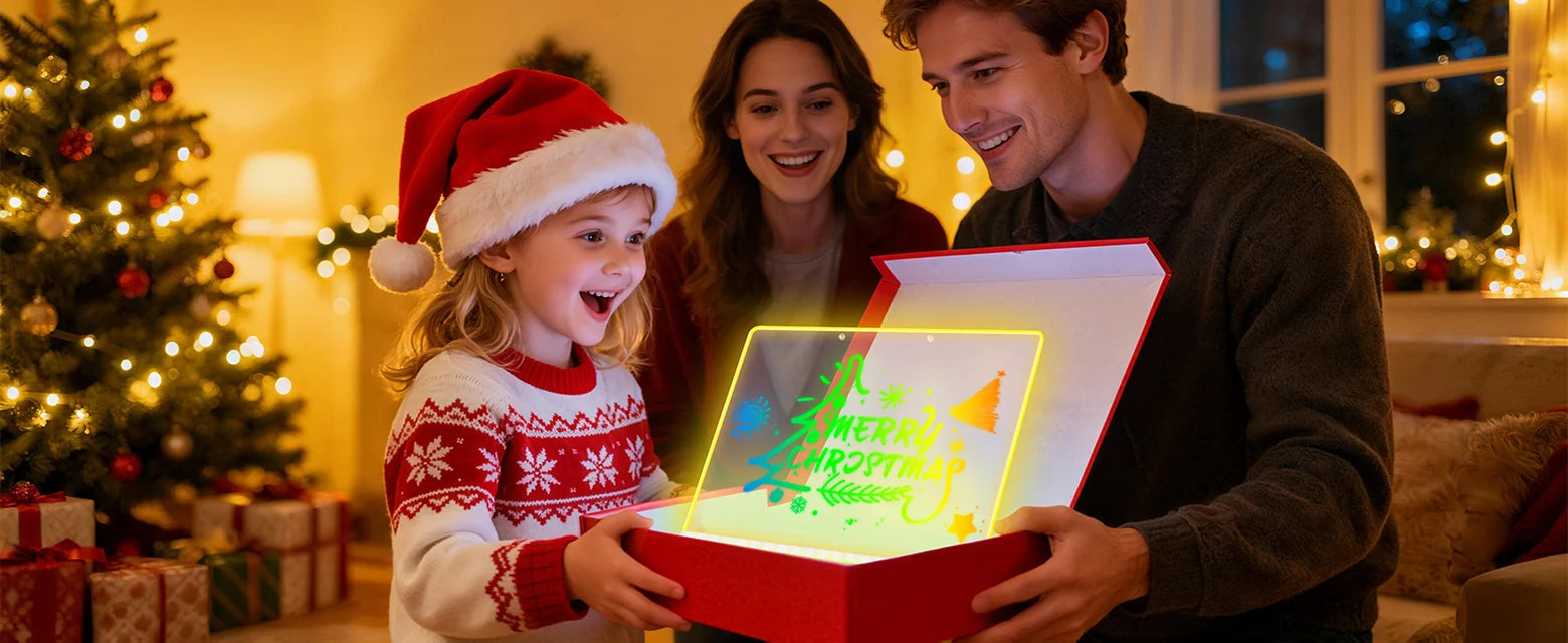 Child receiving a white EHINI LED drawing board with a colorful Merry Christmas design in a festive family gift setting