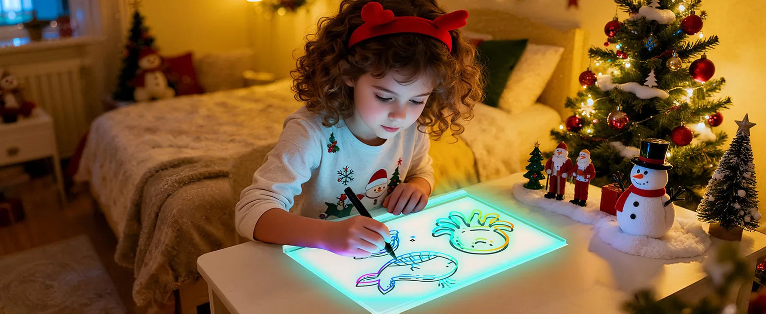 Child drawing colorful sea animals on a white EHINI LED drawing board in a festive bedroom setting