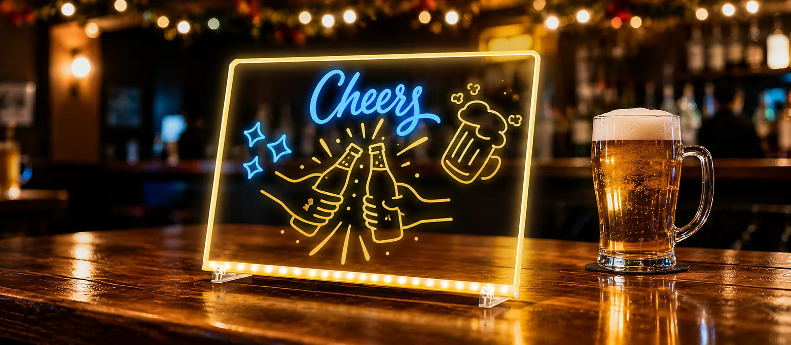 White EHINI LED drawing board used as an illuminated Cheers sign beside a beer glass in a bar setting