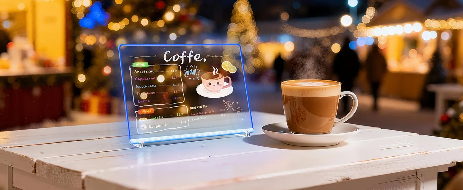 White EHINI LED drawing board used as an illuminated café menu beside a coffee cup in a festive outdoor setting