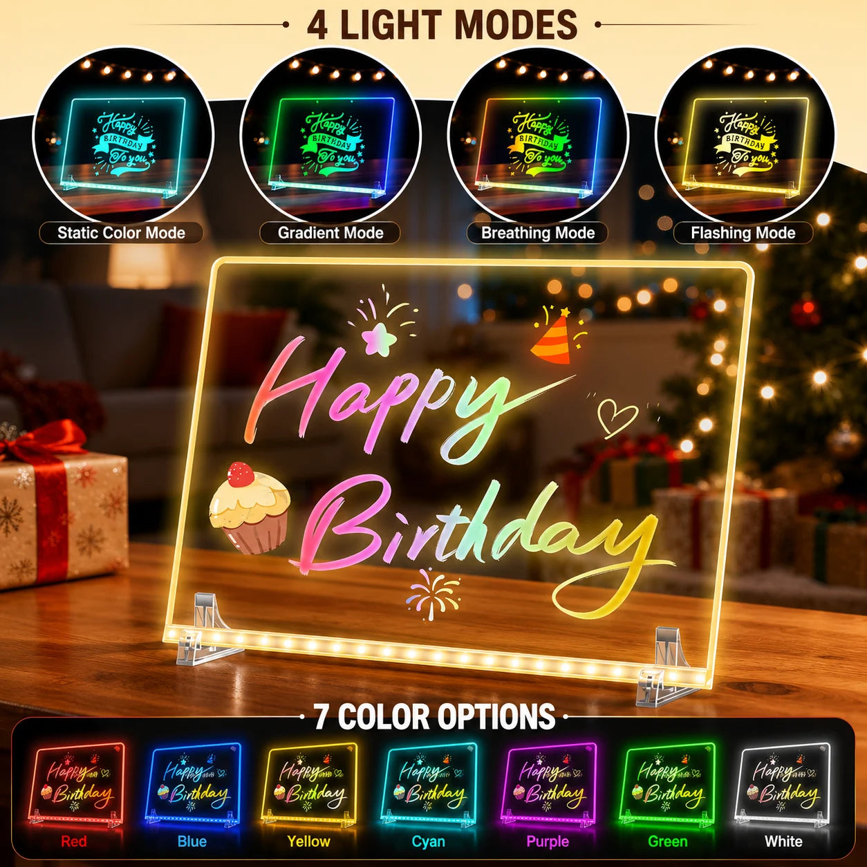 White EHINI LED drawing board displaying a Happy Birthday message with four lighting modes and seven LED color options in a festive tabletop setting