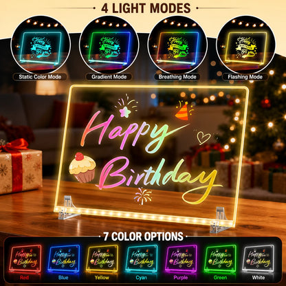 White EHINI LED drawing board displaying a Happy Birthday message with four lighting modes and seven LED color options in a festive tabletop setting