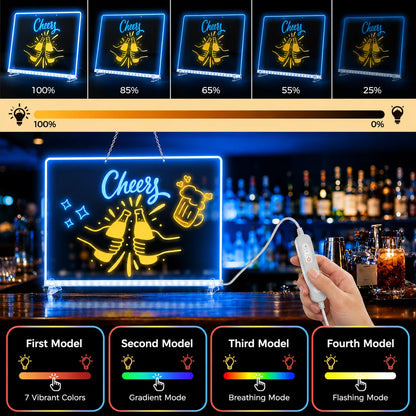 White EHINI LED drawing board showing adjustable brightness, seven LED color options, and four lighting modes with an inline controller