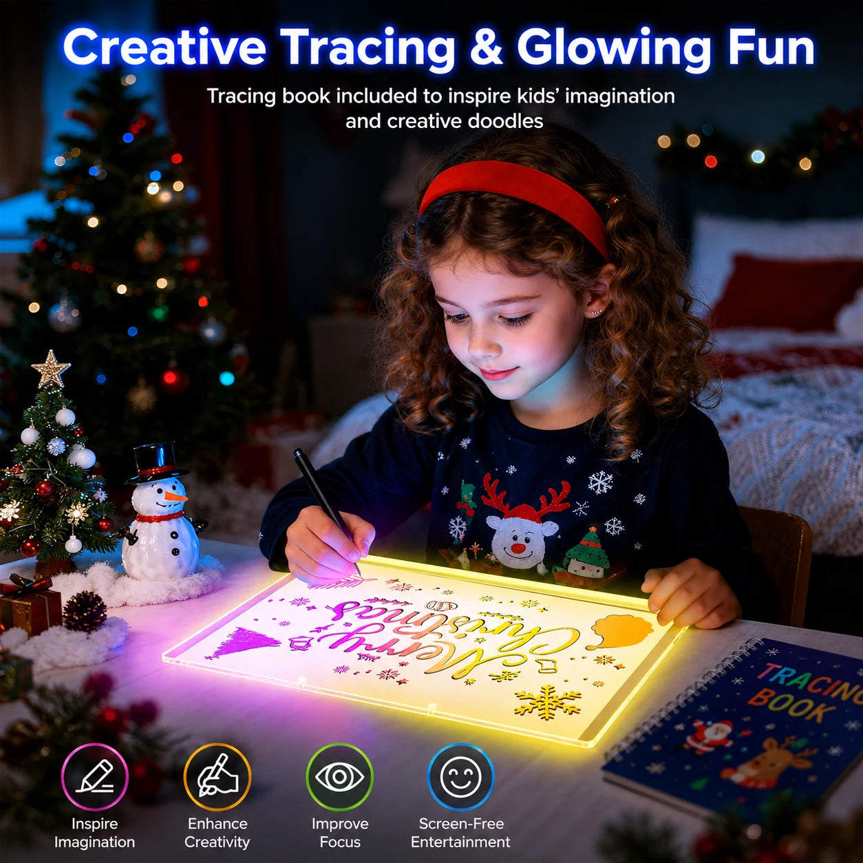 Child using a white EHINI LED drawing board with a Christmas tracing design in a festive home setting