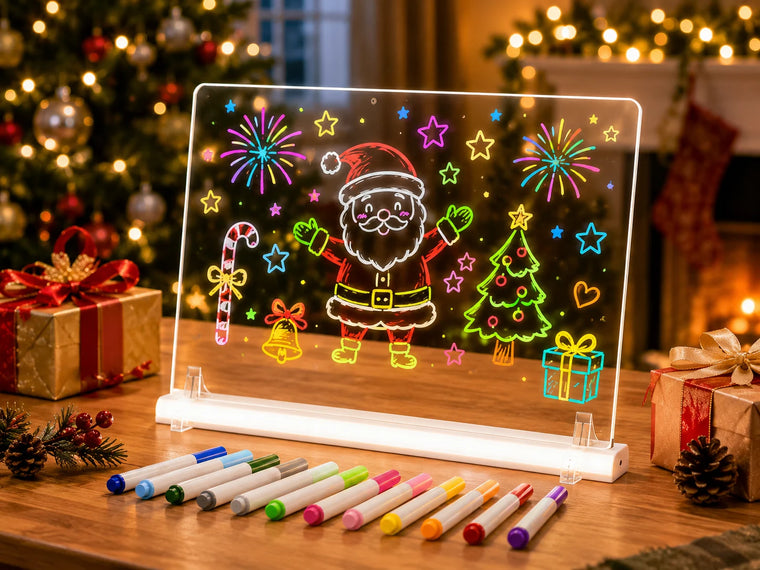 White EHINI LED drawing board displaying a colorful Christmas Santa design with 12 fluorescent markers in a festive tabletop setting