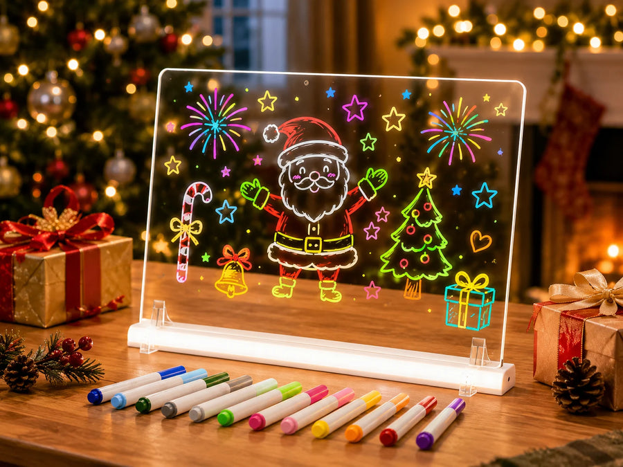 White EHINI LED drawing board displaying a colorful Christmas Santa design with 12 fluorescent markers in a festive tabletop setting
