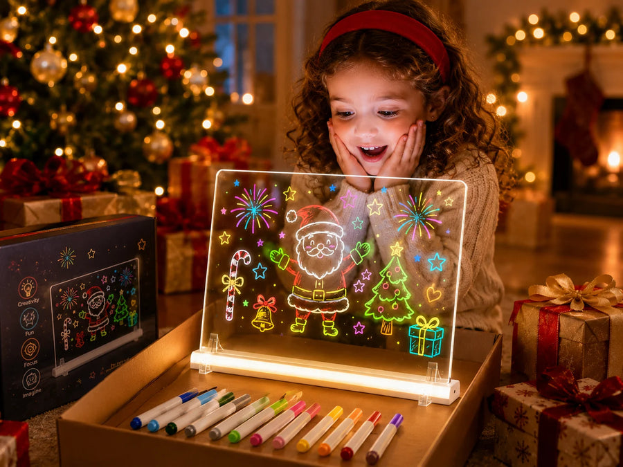 Child viewing a white EHINI LED drawing board with a colorful Christmas Santa design, 12 fluorescent markers, and gift packaging in a festive home setting