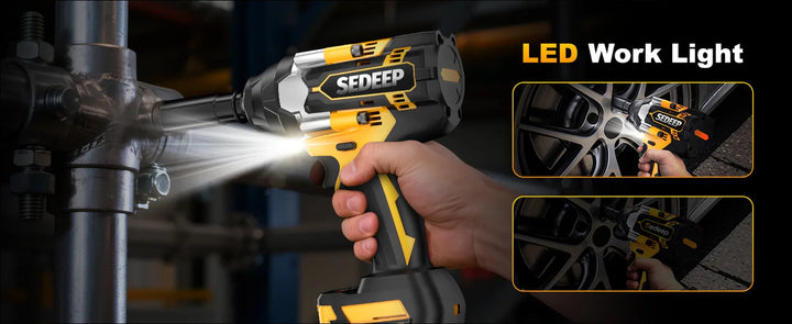SEDEEP 21V cordless impact wrench with LED work light illuminating fasteners and a vehicle wheel area