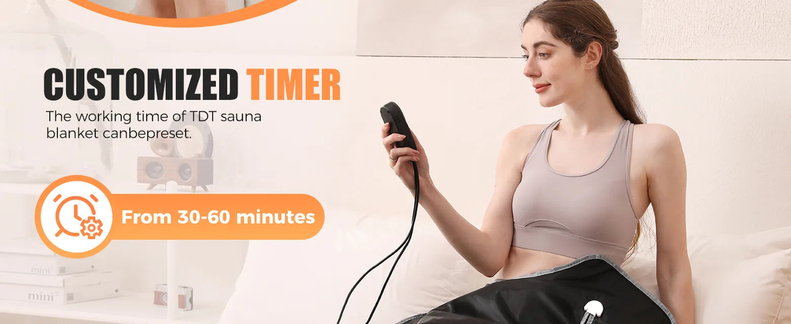 Woman using the wired controller to adjust the timer on an EHINI portable infrared sauna blanket