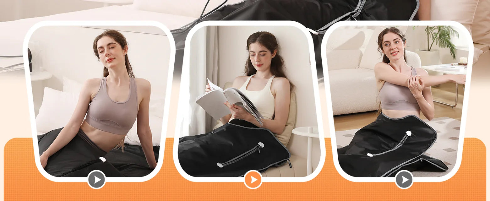 EHINI portable infrared sauna blanket shown in home relaxation scenes while resting, reading, and stretching