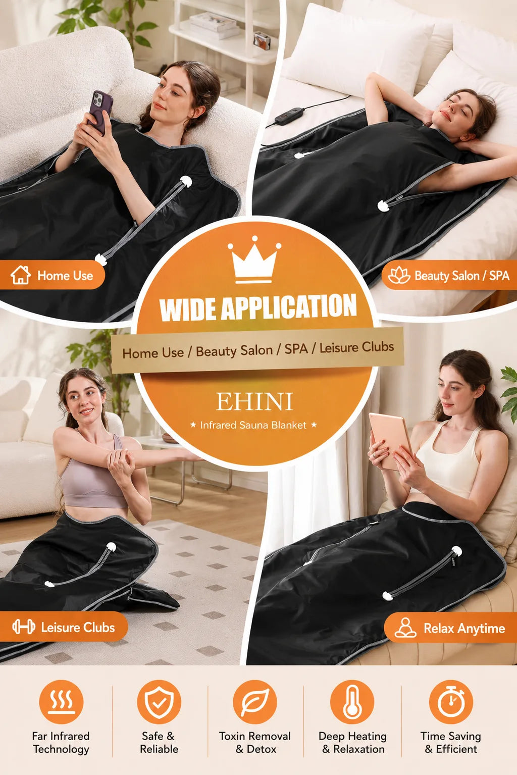 EHINI black portable infrared sauna blanket shown in multiple home and spa relaxation scenes with feature icons