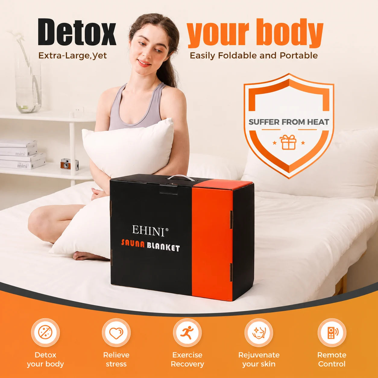 EHINI portable infrared sauna blanket box shown on a bed with lifestyle icons and remote control feature callout