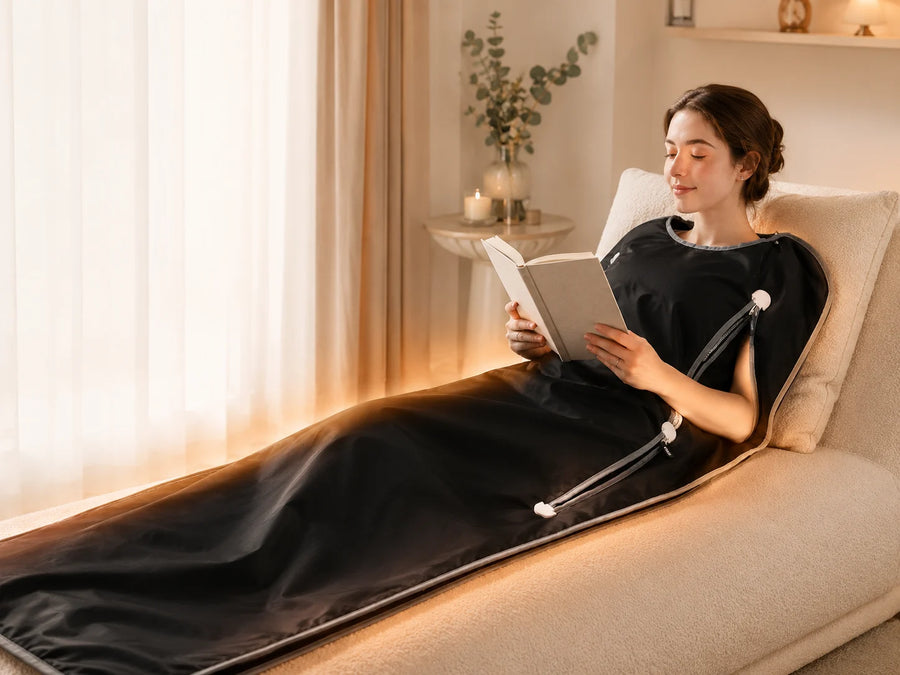 Black portable infrared sauna blanket used on a lounge chair in a home relaxation setting
