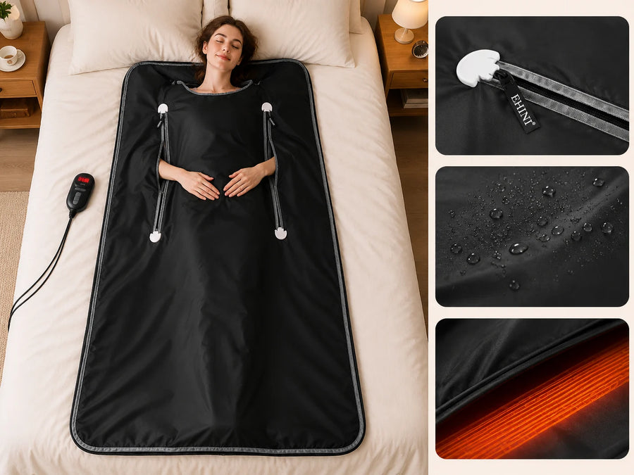 Black portable infrared sauna blanket shown on a bed with wired controller, zipper detail, fabric close-up, and heating layer detail