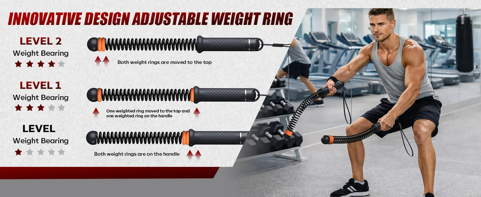 Black SEDEEP portable ropeless battle ropes showing three adjustable resistance settings with movable weight rings during a gym workout