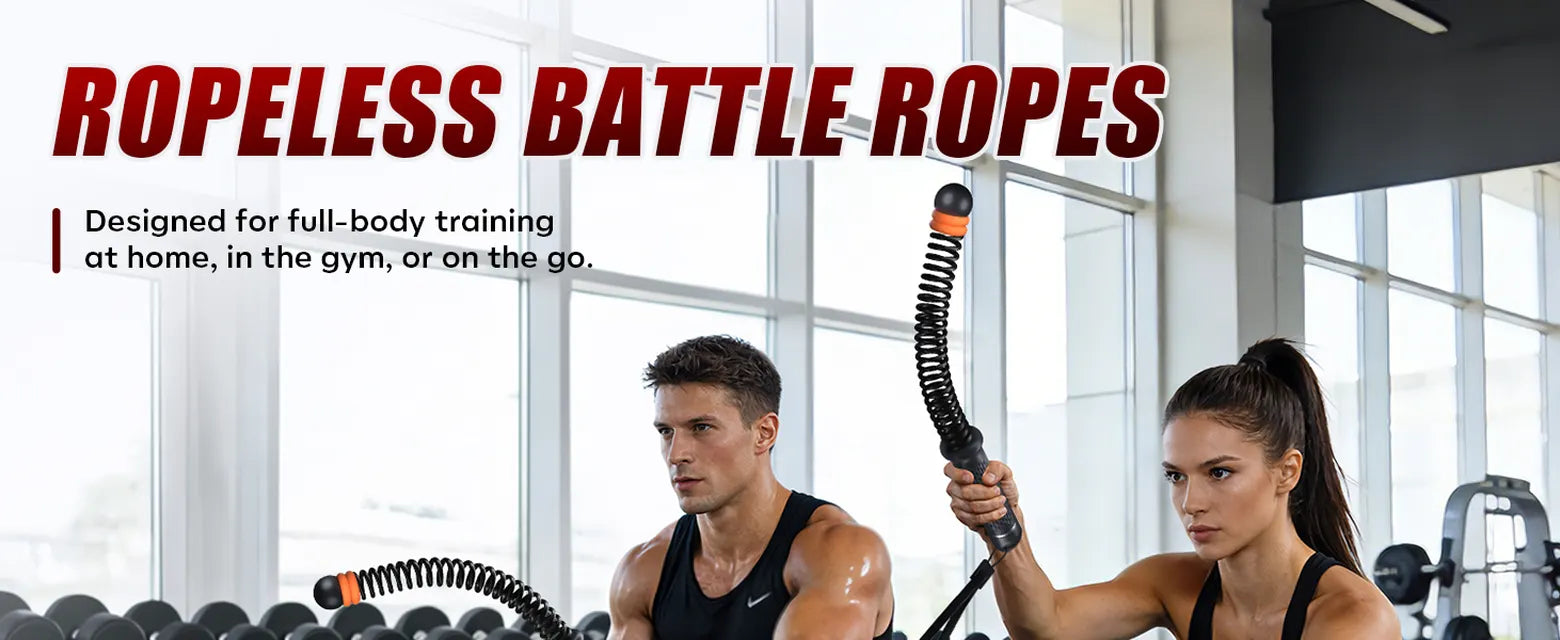 Man and woman using black SEDEEP portable ropeless battle ropes for full-body training in a gym