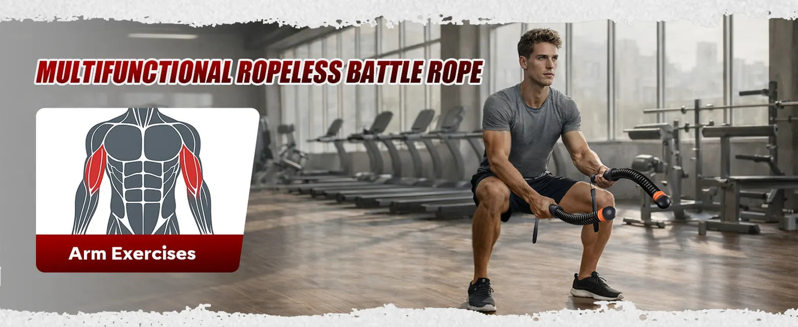Man using black SEDEEP portable ropeless battle ropes for arm exercises in a gym