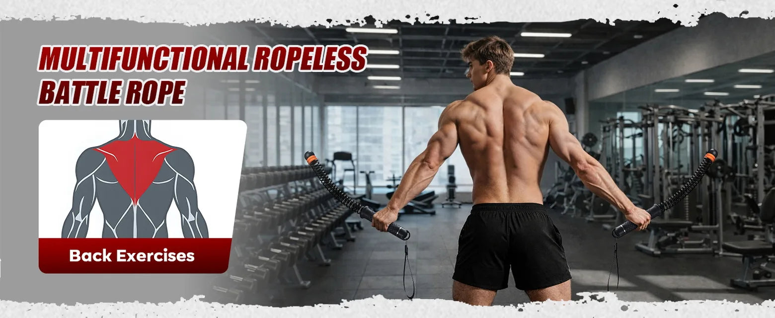 Man using black SEDEEP portable ropeless battle ropes for back exercises in a gym