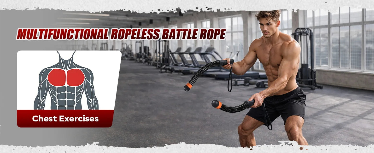 Man using black SEDEEP portable ropeless battle ropes for chest exercises in a gym